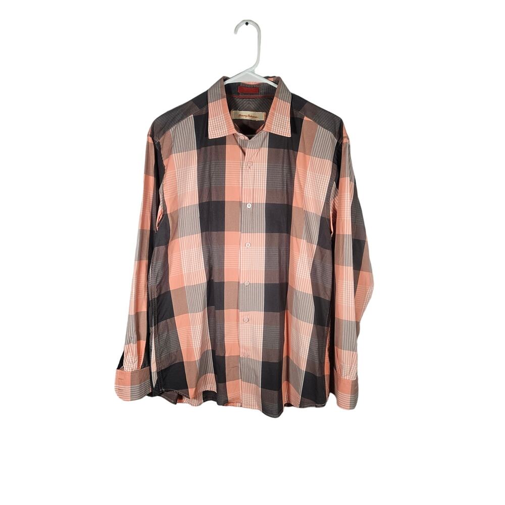 Tommy Bahama Mens Button Down‎ Shirt Orange Gray Plaid Large Cotton/Silk